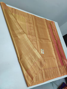 Classic Golden Cream & Tinted Peach Bridal Elegance Kanchipuram Handloom Silk Saree SS23899