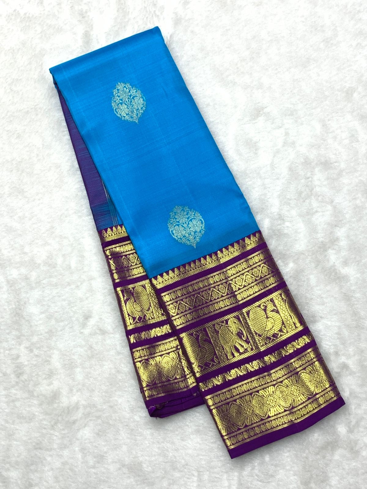 Classic Azure Blue & Jam Plum 2gm Zari Bridal Elegance Kanchipuram Handloom Silk Saree SS22871