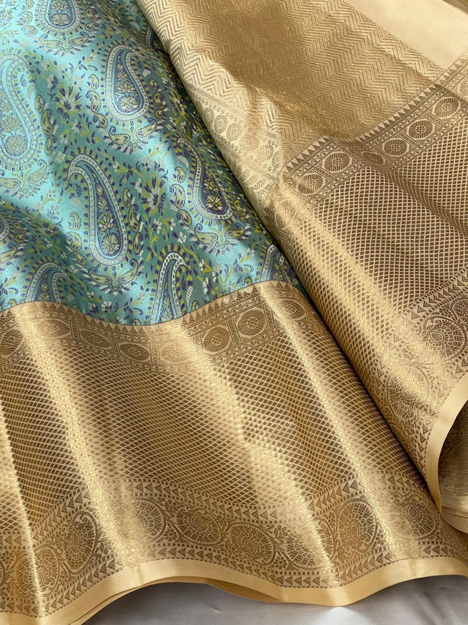 Classic Ice Blue & Beige 2gm Zari Elegance Kanchipuram Silk Saree SS23892