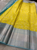 Load image into Gallery viewer, Classic Lime Yellow &amp; Sky Blue 2gm Zari Bridal Elegance Kanchipuram Handloom Silk Saree SS24476
