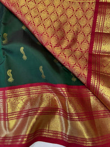 Classic Dark Green & Red 2gm Zari Elegance Kanchipuram Handloom Silk Saree SS23780