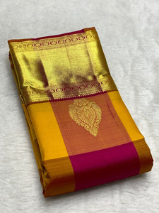 Classic Mustard & Pink 2gm Zari Kanchipuram Handloom Silk Saree SS25570