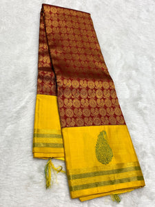 Classic Maroon Red & Sunny Yellow 2gm Zari Bridal Elegance Kanchipuram Handloom Silk Saree SS25834