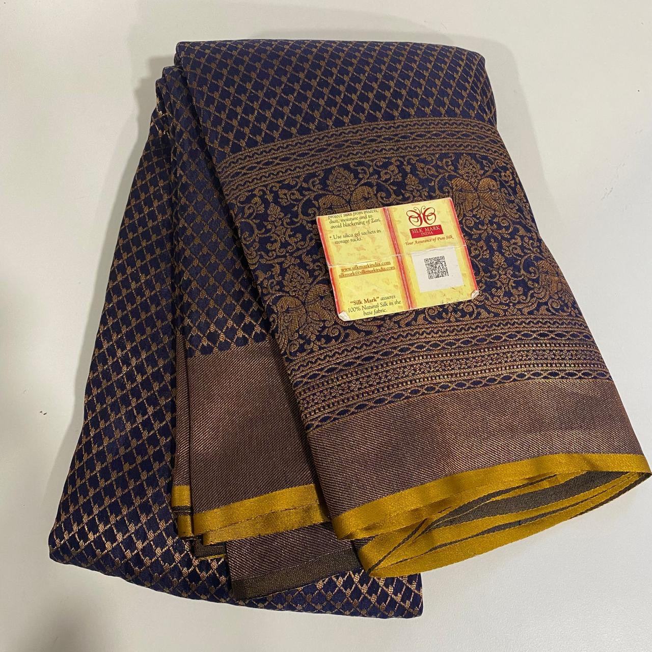 Classic Midnight Blue Handwork Elegance Khaddi Banarasi Crepe Silk Saree SS25309