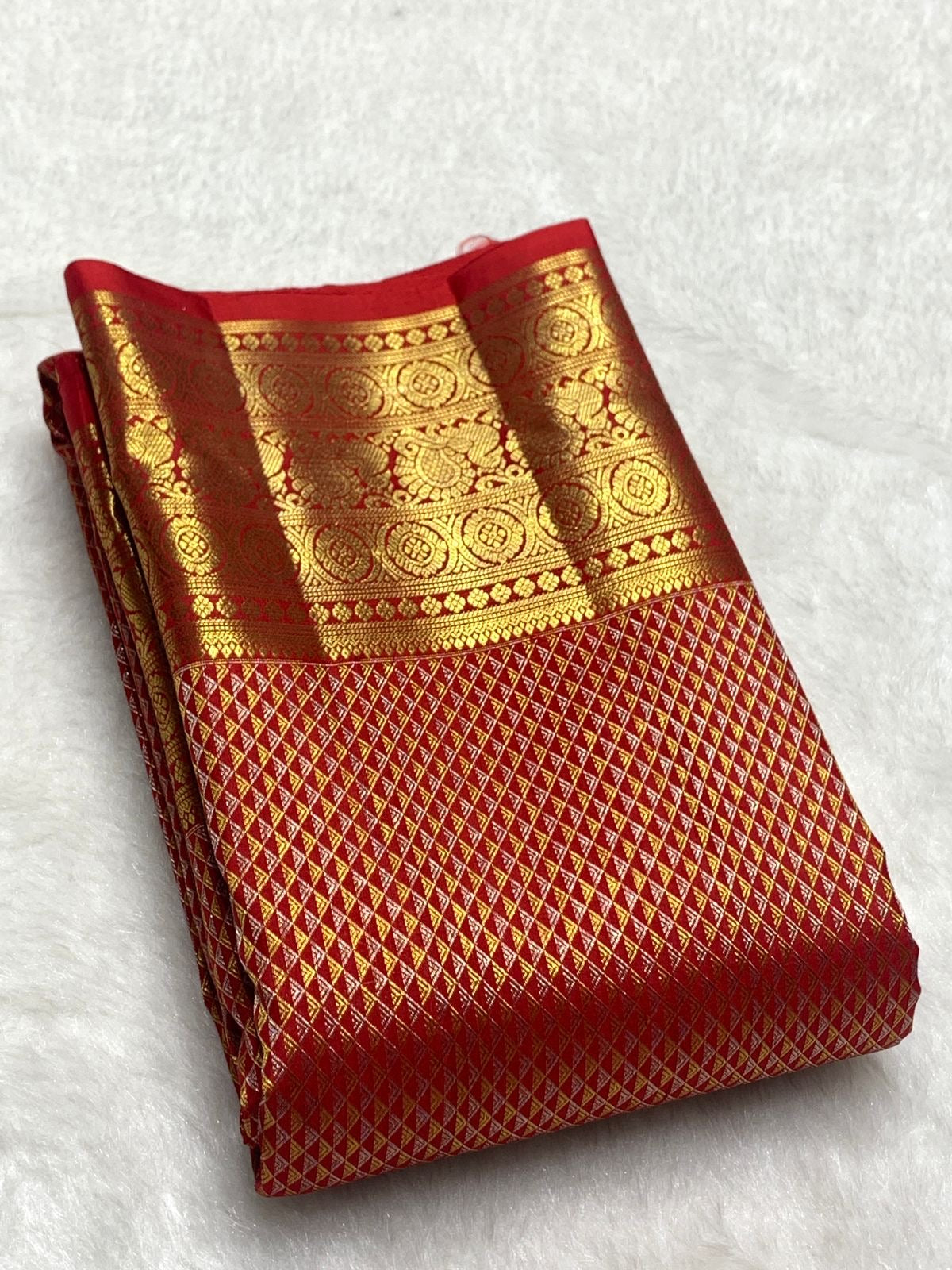 Classic Dark Orange Red 2gm Zari Bridal Elegance Kanchipuram Handloom Silk Saree SS26494