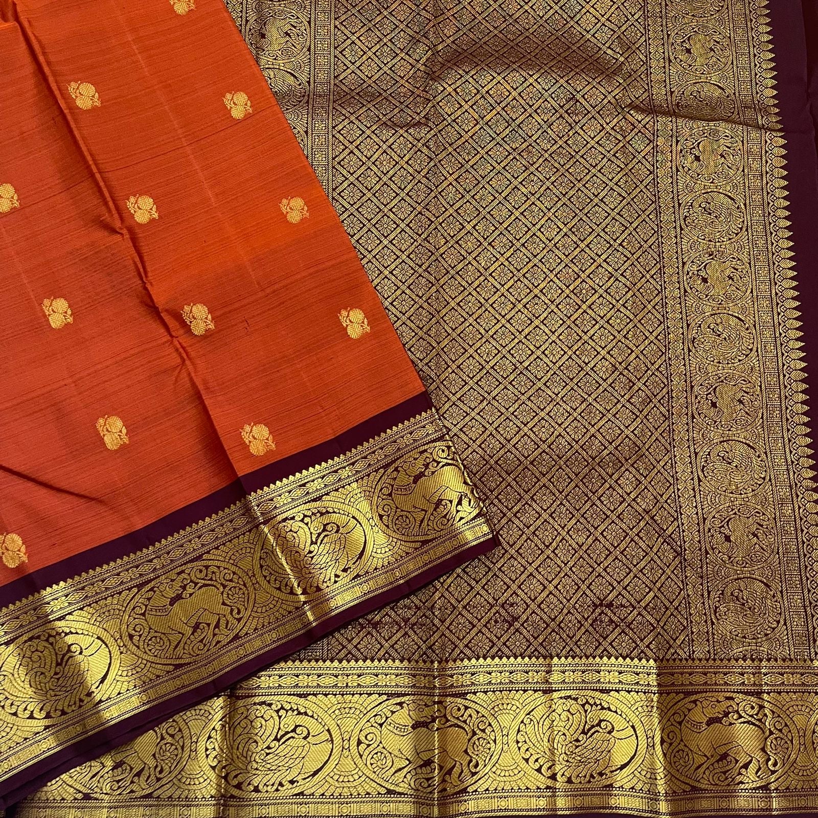 Classic Golden Brown & Coffee Brown 1gm Zari Kanchipuram Handloom Silk Saree SS26273