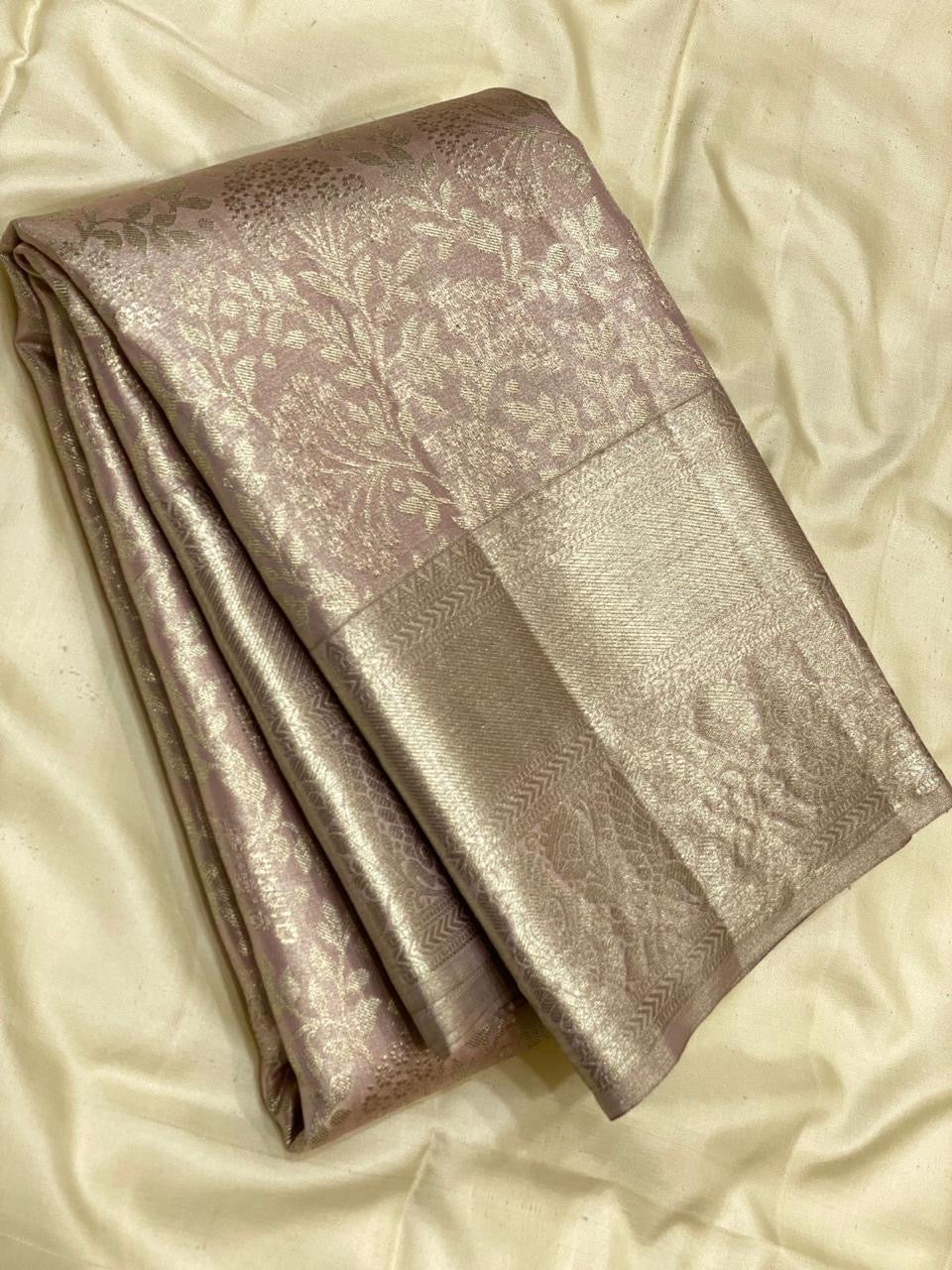 Classic Pastel Tinted Mauve 2gm Zari Bridal Designer Brocade Elegance Kanchipuram Tissue Handloom Silk Saree SS24204