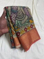 Load image into Gallery viewer, Classic Pen Kalamkari Floral Green Orange Elegance Banglore Silk Saree SS27823

