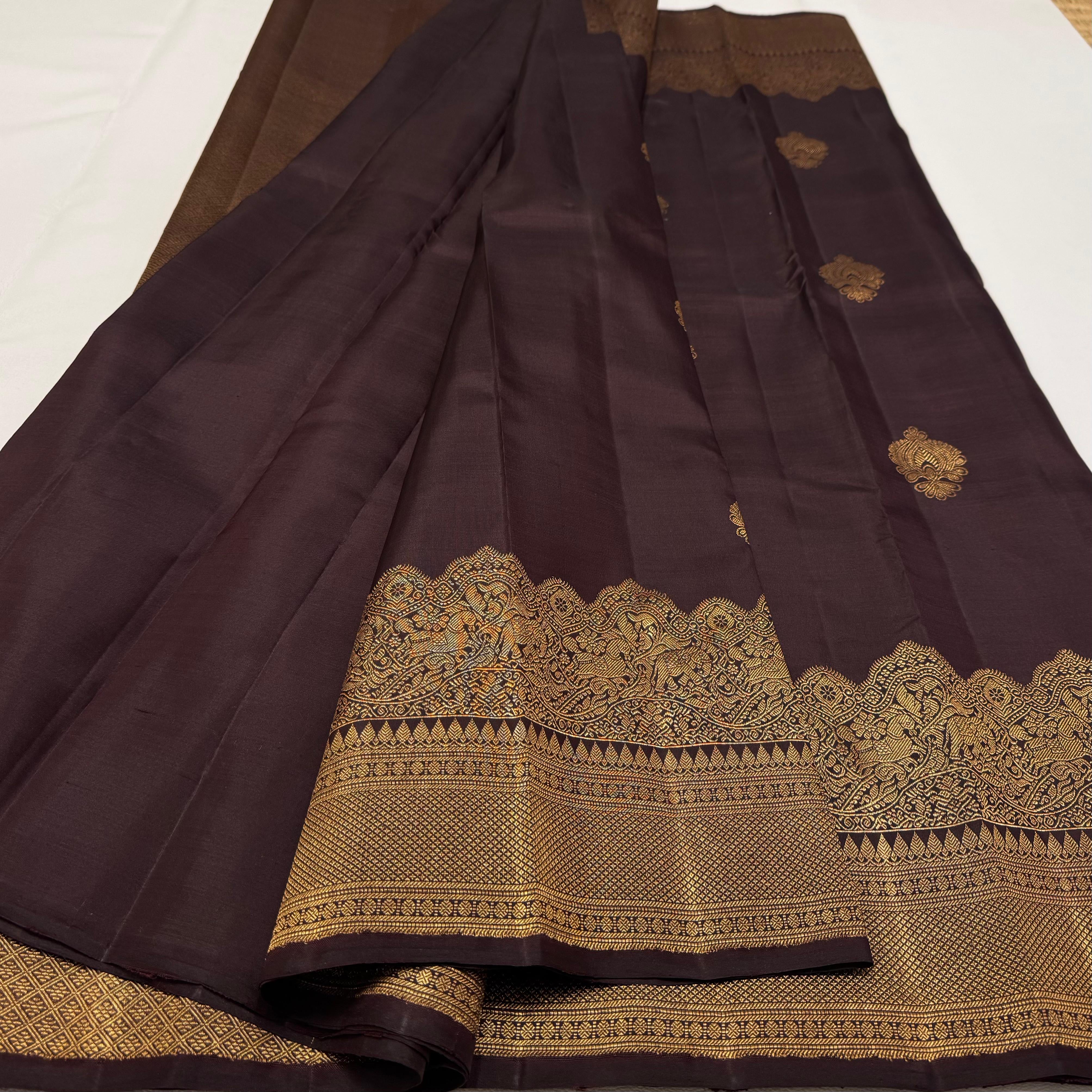 Classic Coffee Brown 2gm Zari Korvai Bridal Elegance Kanchipuram Handloom Silk Saree SS24223