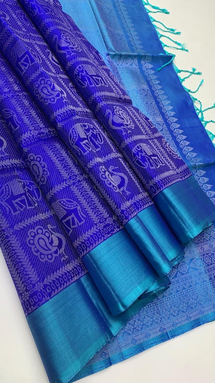 Classic Royal Blue Bliss Elegance Handloom Soft Silk Saree SS24301