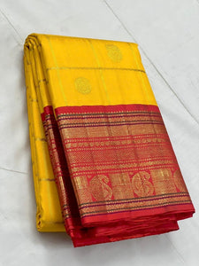 Classic Sunny Yellow & Orange 2gm Zari Kanchipuram Handloom Silk Saree SS25744