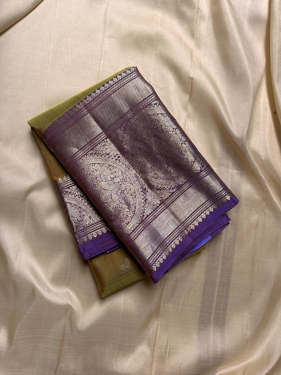 Classic Fern Green & Lavender Elegance Kanchipuram Handloom Silk Saree SS24539