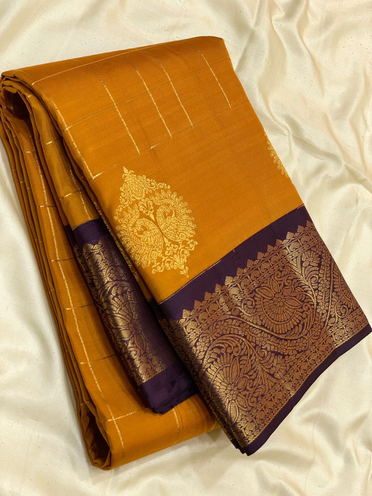 Classic Mango Yellow & Plum 2gm Zari Vaira Oosi Checks Elegance Kanchipuram Handloom Silk Saree SS24606