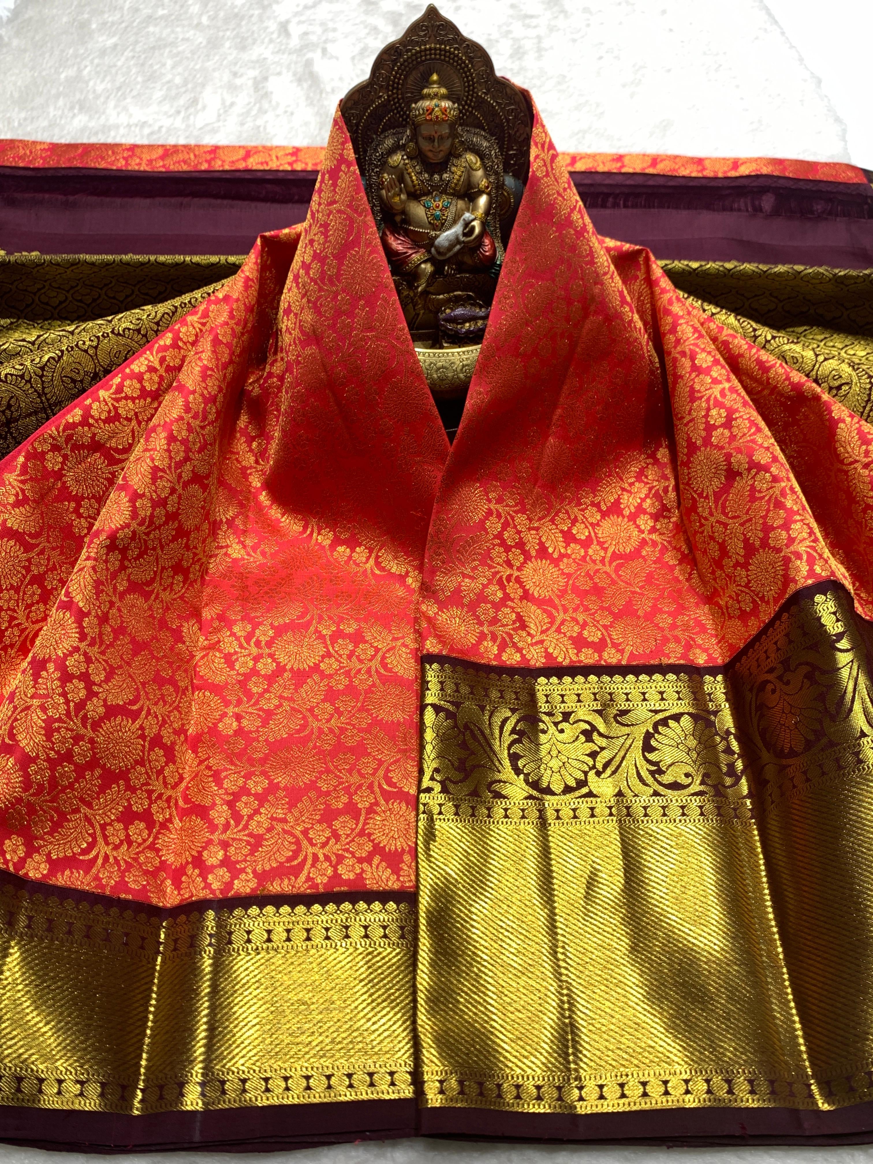 Classic Orange & Coffee Brown 2gm Zari Bridal Elegance Kanchipuram Handloom Silk Saree SS25831