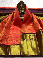 Load image into Gallery viewer, Classic Orange &amp; Coffee Brown 2gm Zari Bridal Elegance Kanchipuram Handloom Silk Saree SS25831
