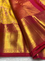 Load image into Gallery viewer, Classic Mustard &amp; Red 2gm Zari Elegance Kanchipuram Handloom Silk Saree SS24786
