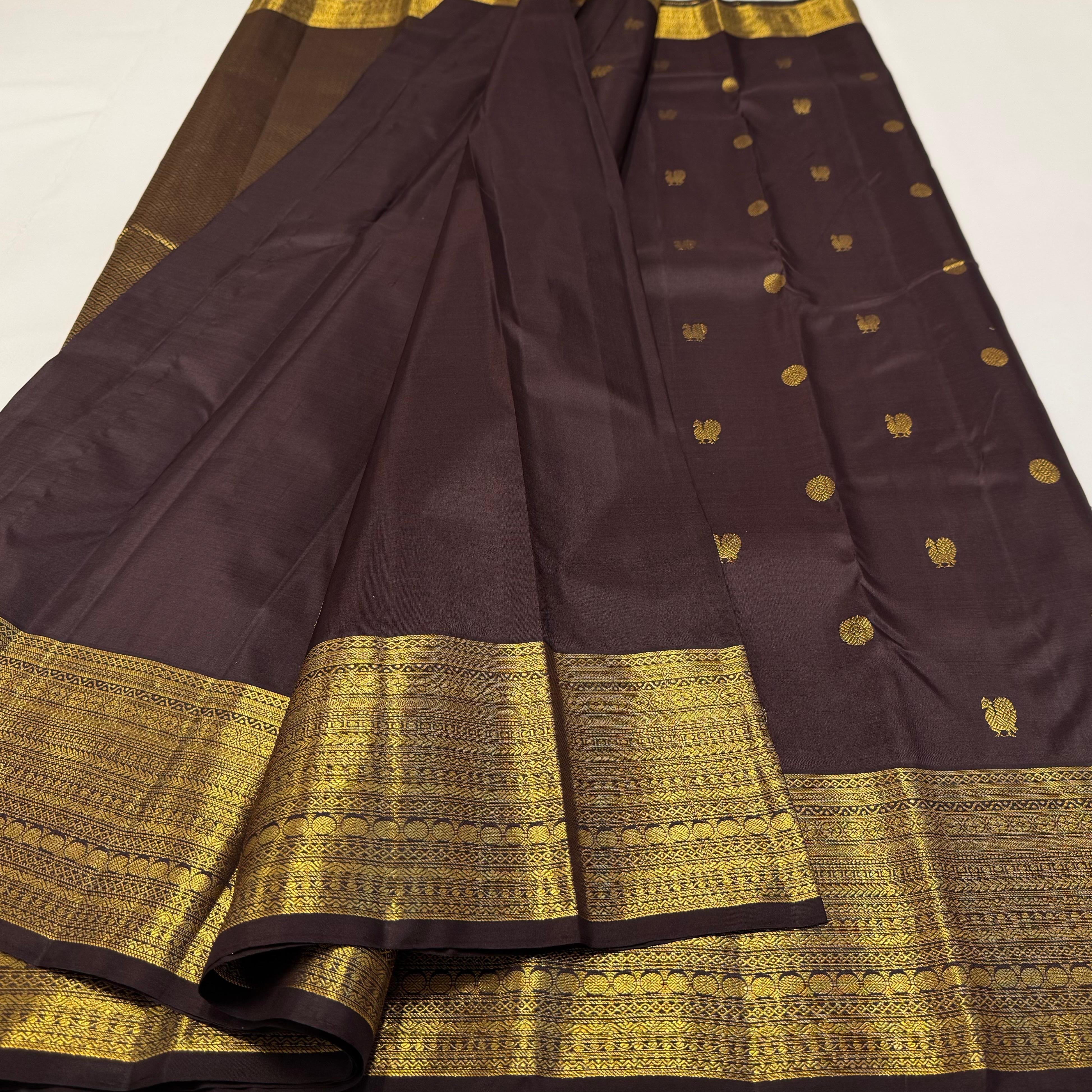 Classic Dark Coffeee Brown 1gm Zari Elegance Kanchipuram Handloom Silk Saree SS24392