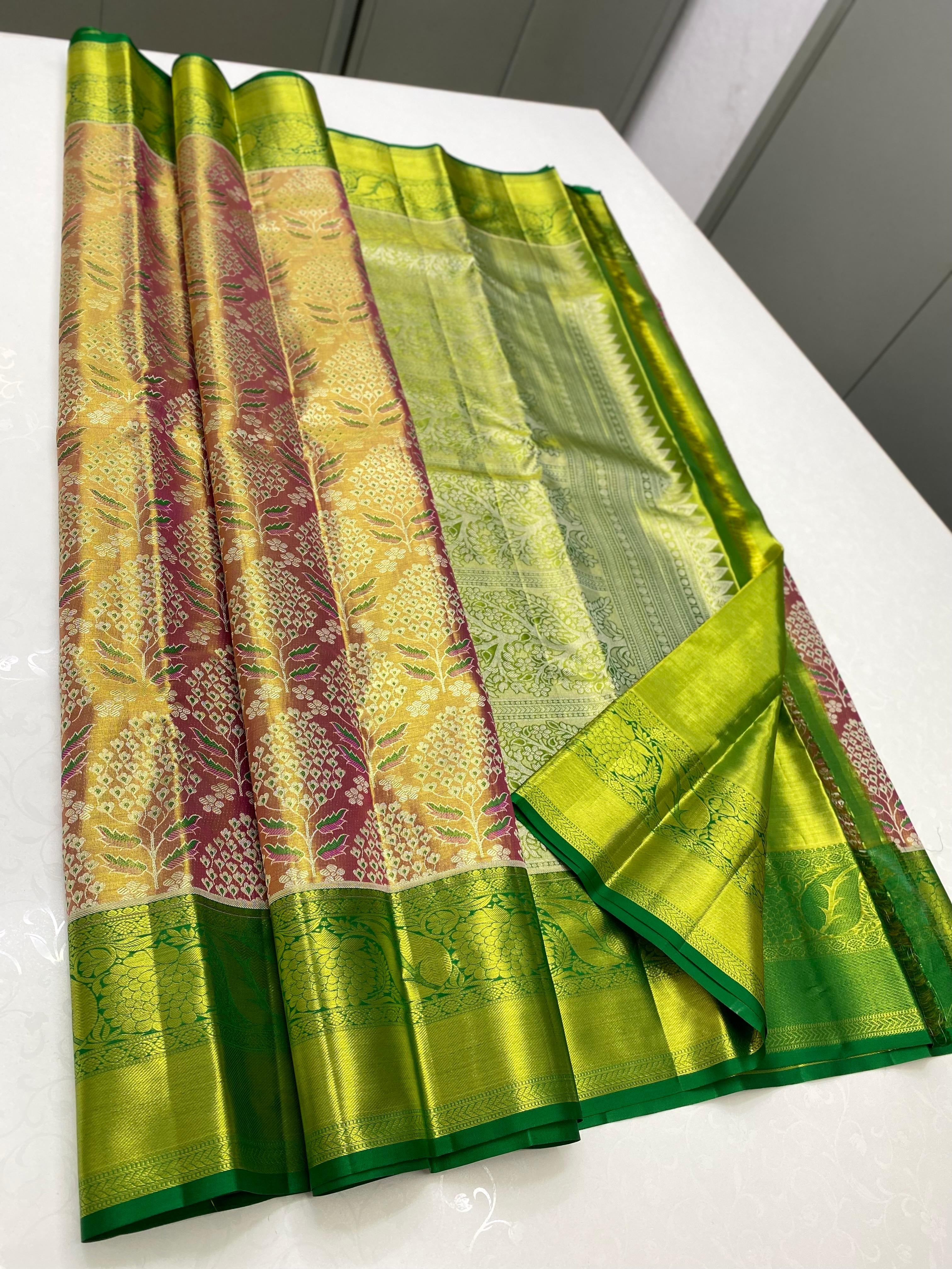 Classic Pastel Orange & Parrot Green 2gm Zari Elegance Kanchipuram Handloom Silk Saree SS24262