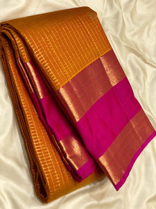 Classic Mustard & Pink 2gm Zari Vaira Oosi Kanchipuram Handloom Silk Saree SS25583