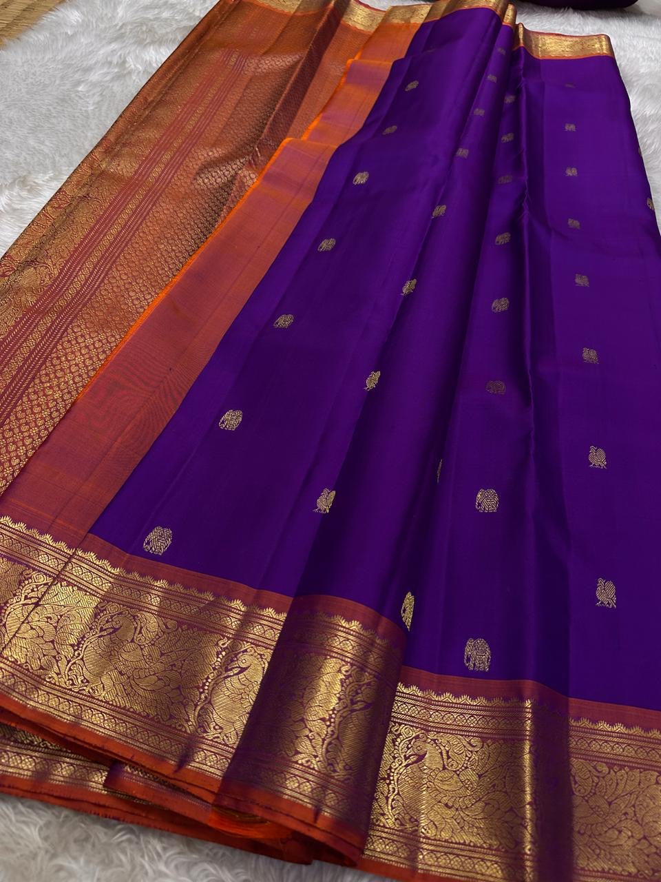 Classic Purple & Mustard Rose Kanchipuram Handloom Silk Saree SS25959
