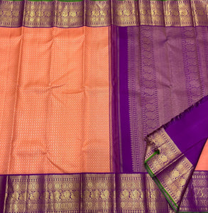 Classic Peach & Violet Elegance Kanchipuram Handloom Silk Saree SS24716