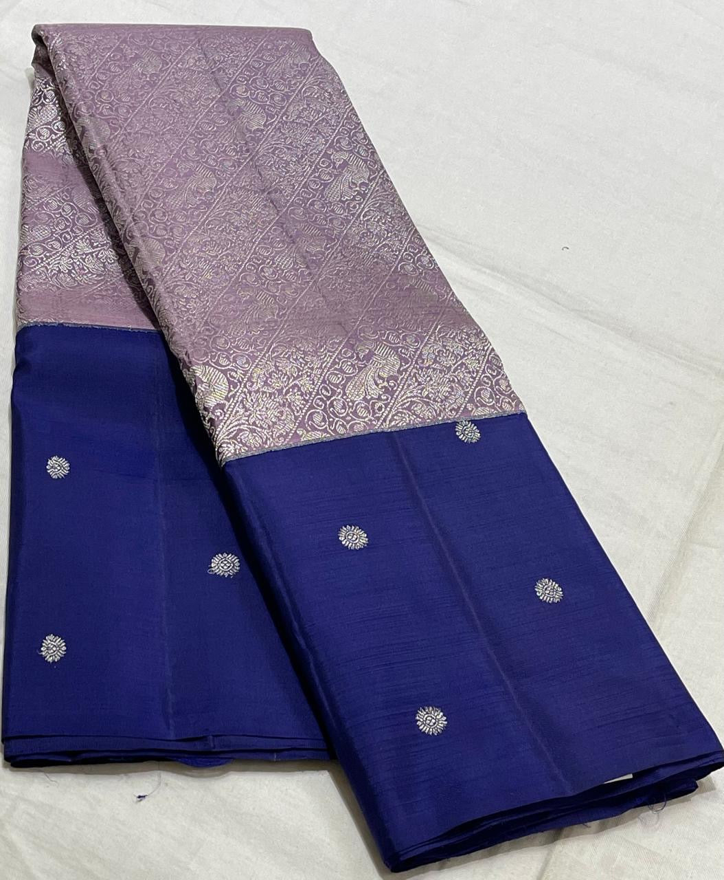 Classic Pastel Mauve & Dark Blue 2gm Zari Elegance Kanchipuram Handloom Silk Saree SS25199