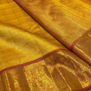 Classic Golden Yellow & Peanut Butter Brown 1gm Zari Bridal Elegance Kanchipuram Handloom Silk Saree SS24633