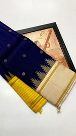 Load image into Gallery viewer, Classic Royal Blue Cream &amp; Yellow Kanchipuram Handloom Silk Saree SS26263
