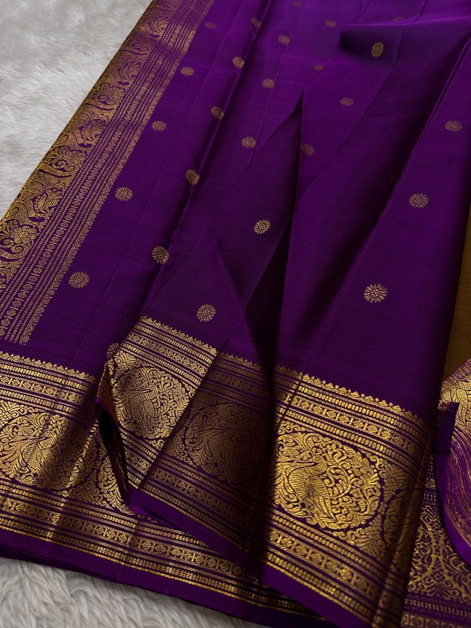 Classic Shimmer Mustard & Purple Kanchipuram Handloom Silk Saree SS25903