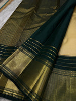 Load image into Gallery viewer, Classic Butter Cream &amp; Bottle Green 2gm Zari Elegance Kanchipuram Handloom Silk Saree SS24240
