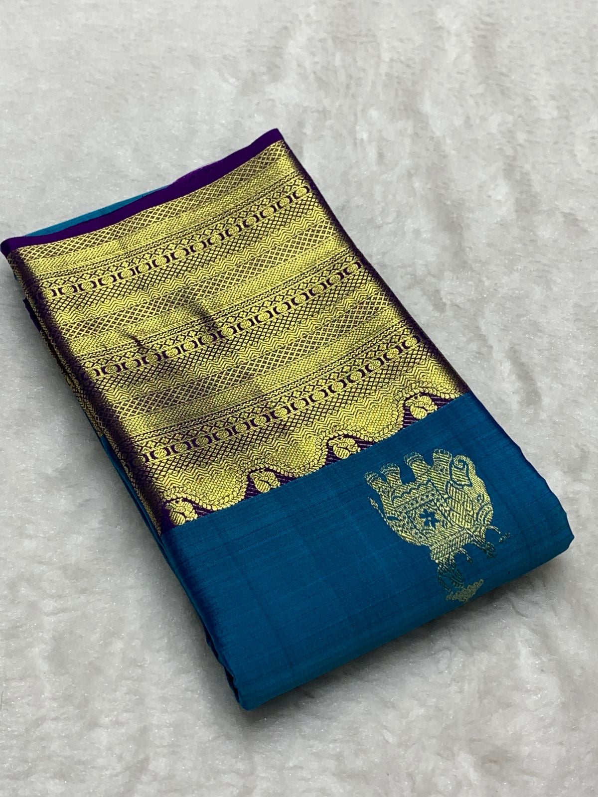 Classic Teal Blue & Purple 2gm Zari Bridal Elegance Kanchipuram Handloom Silk Saree SS23562