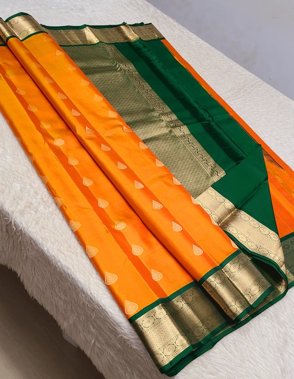 Classic Golden Yellow & Green 1gm Zari Kanchipuram Handloom Silk Saree SS26557