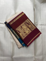 Load image into Gallery viewer, Classic Pearl Cream &amp; Barn Red Blue Elegance Kanchipuram Handloom Silk Saree SS26955
