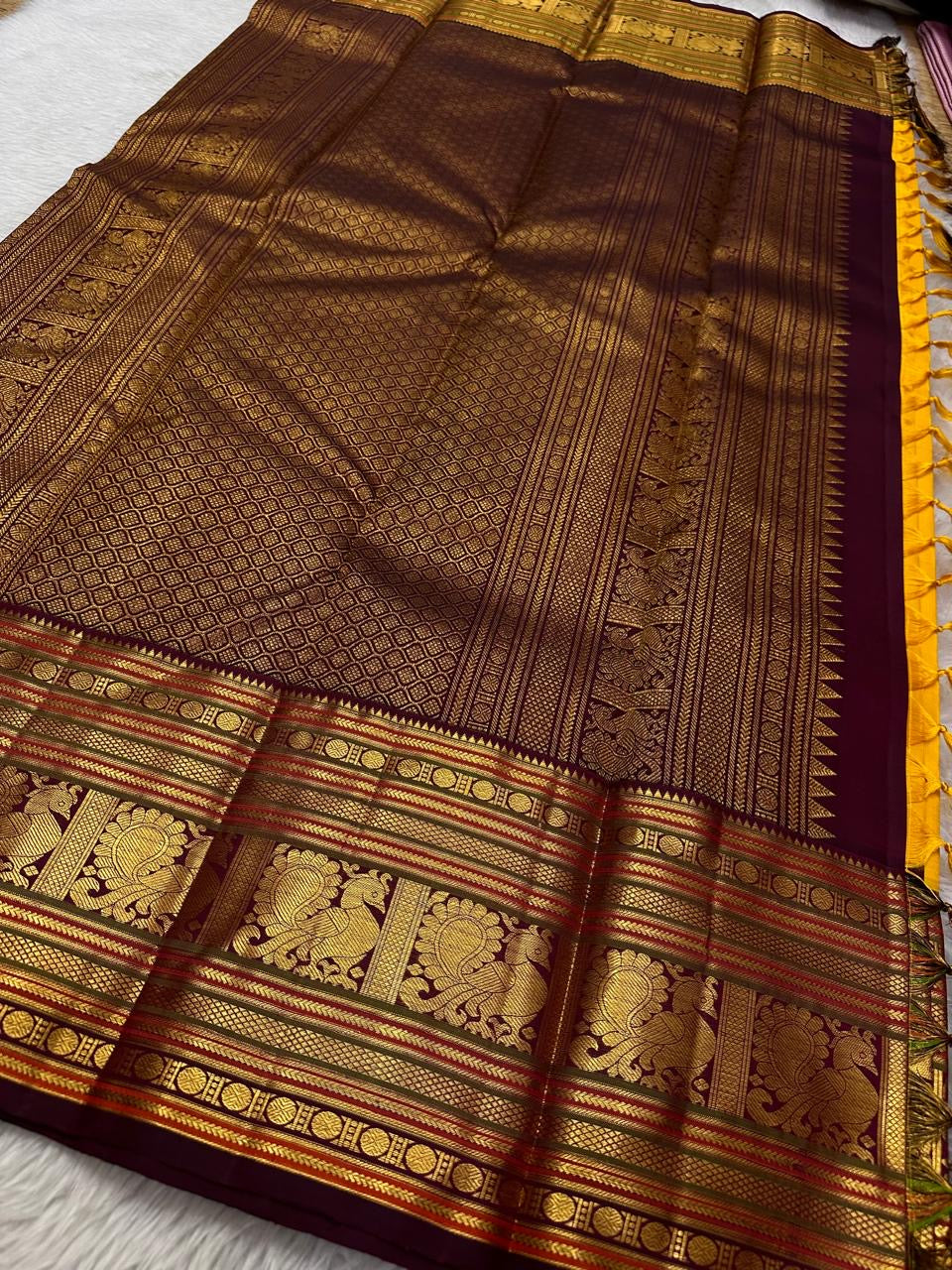 Classic Mango Yellow & Plum 2gm Zari Elegance Kanchipuram Handloom Silk Saree SS23738