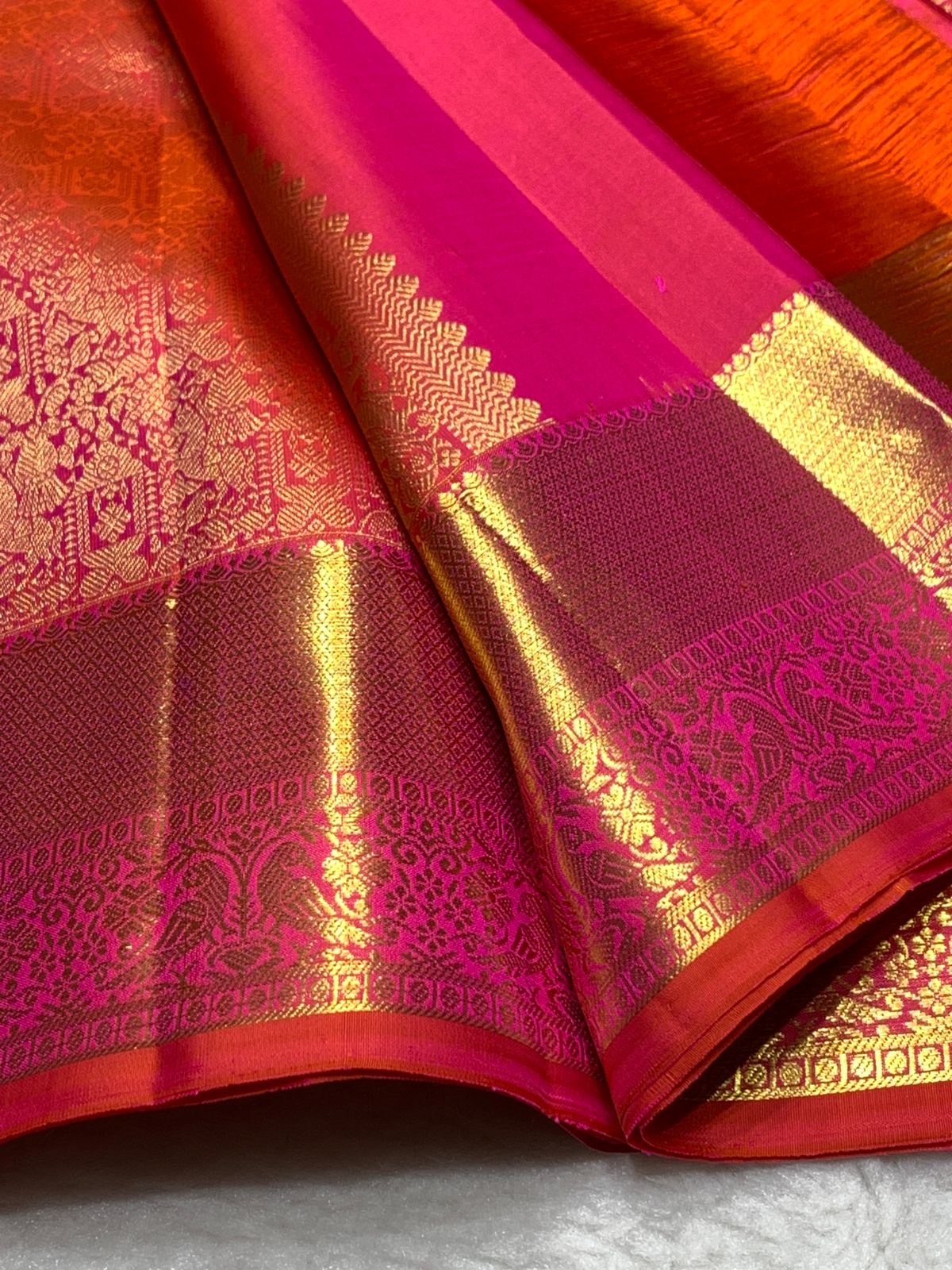 Classic Pinkish Orange 2gm Zari Bridal Elegance Kanchipuram Handloom Silk Saree SS25267