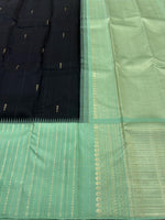 Load image into Gallery viewer, Classic Charcoal Black &amp; Pastel Sea Green 2gm Zari Elegance Kanchipuram Handloom Silk Saree SS24763
