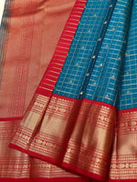 Load image into Gallery viewer, Classic Prussian Blue &amp; Chilli Red 2gm Zari Beldari Checks Elegance Kanchipuram Handloom Silk Saree SS24613
