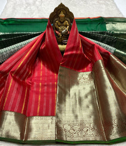 Classic Tomato Red & Emerald Green 2gm Zari Elegance Kanchipuram Handloom Silk Saree SS24615