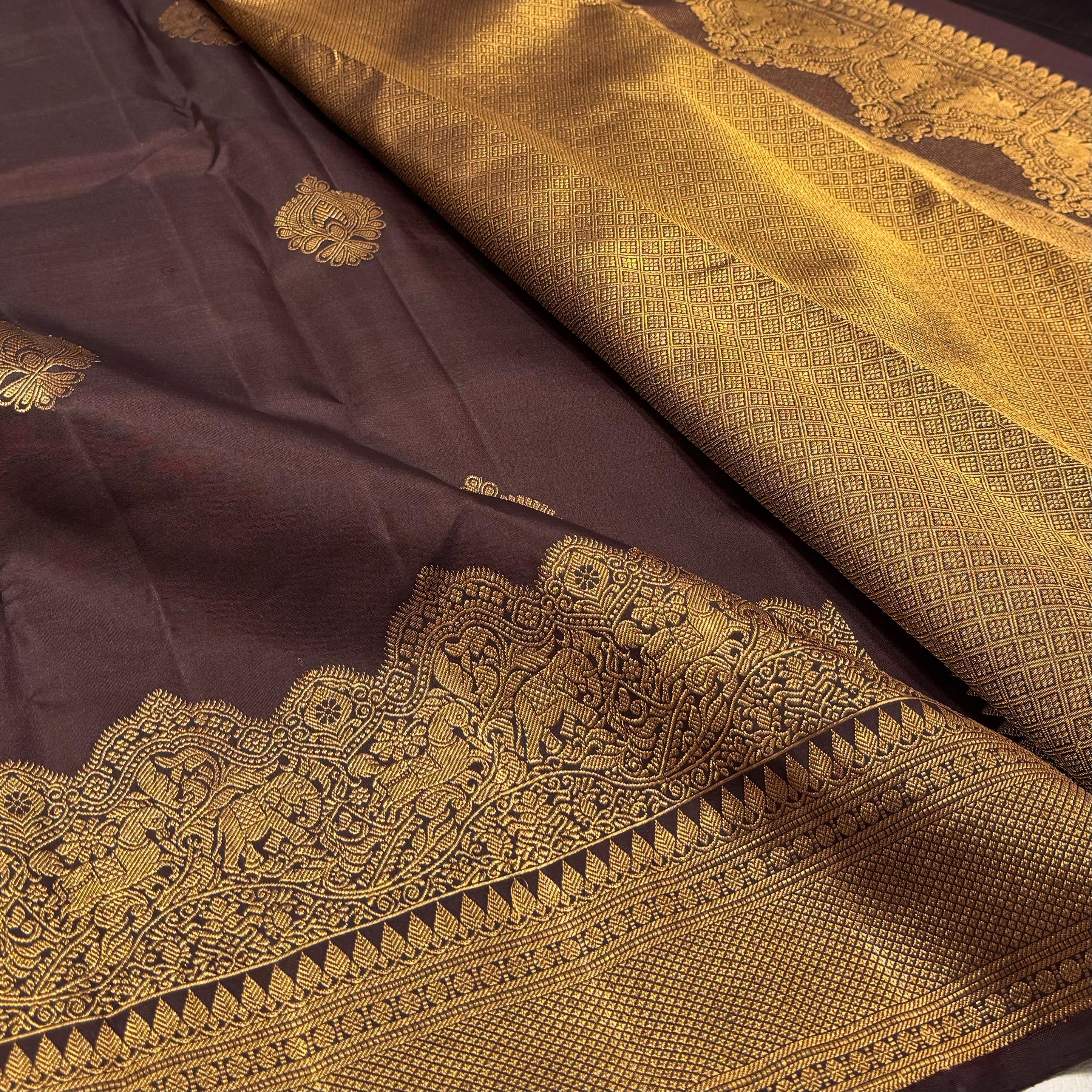 Classic Coffee Brown 2gm Zari Korvai Bridal Elegance Kanchipuram Handloom Silk Saree SS24223