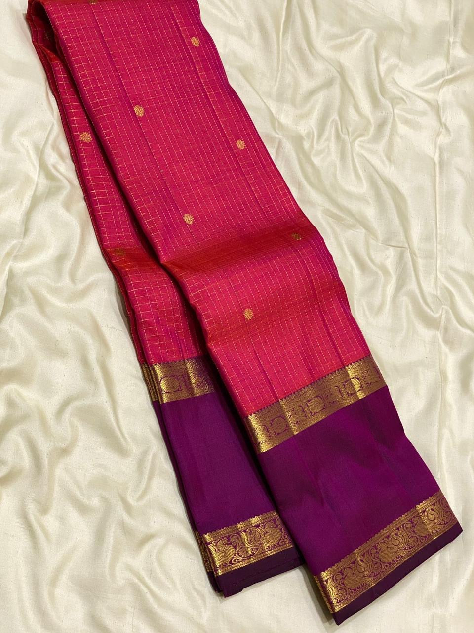 Classic Cerise Pink & Wine Purple 2gm Zari Vaira Oosi Kanchipuram Handloom Silk Saree SS25585