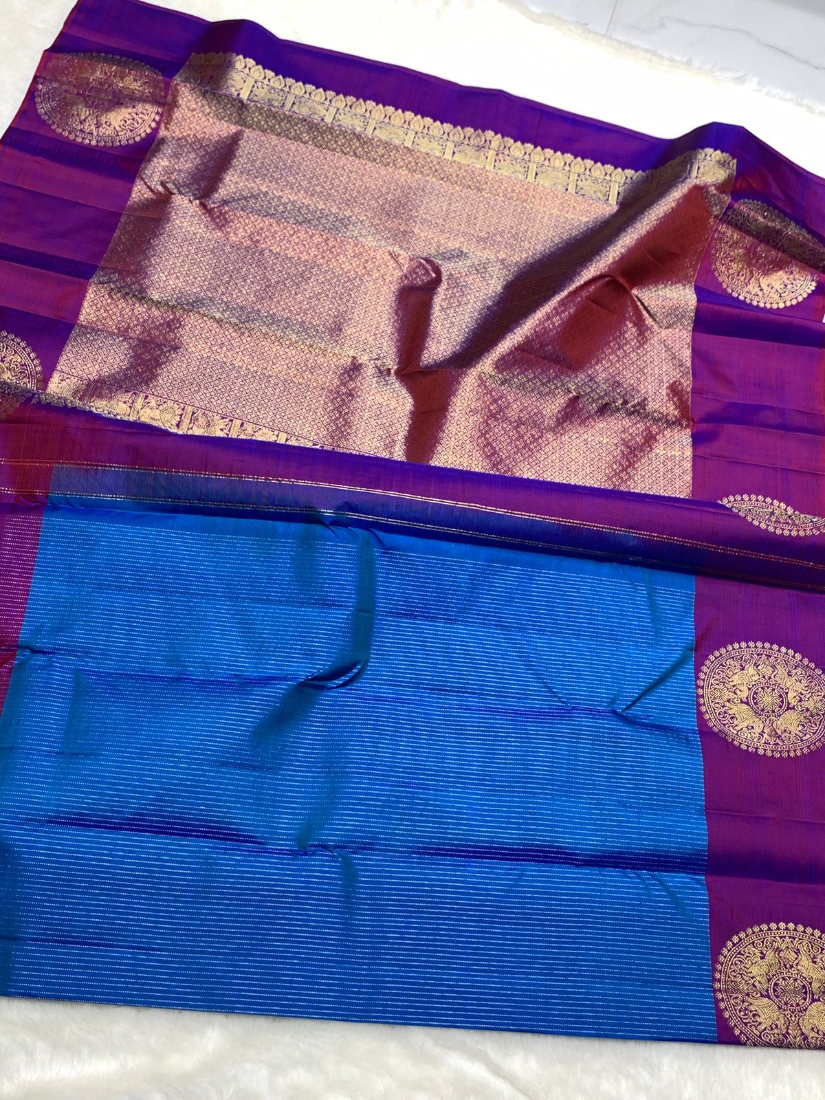 Classic Azure Blue & Purple 2gm Zari Kanchipuram Handloom Silk Saree SS25816