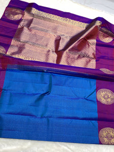 Classic Azure Blue & Purple 2gm Zari Kanchipuram Handloom Silk Saree SS25816