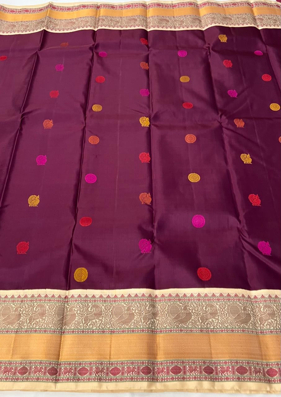 Classic Berry Plum & Beige Elegance Kanchipuram Handloom Silk Saree SS24707