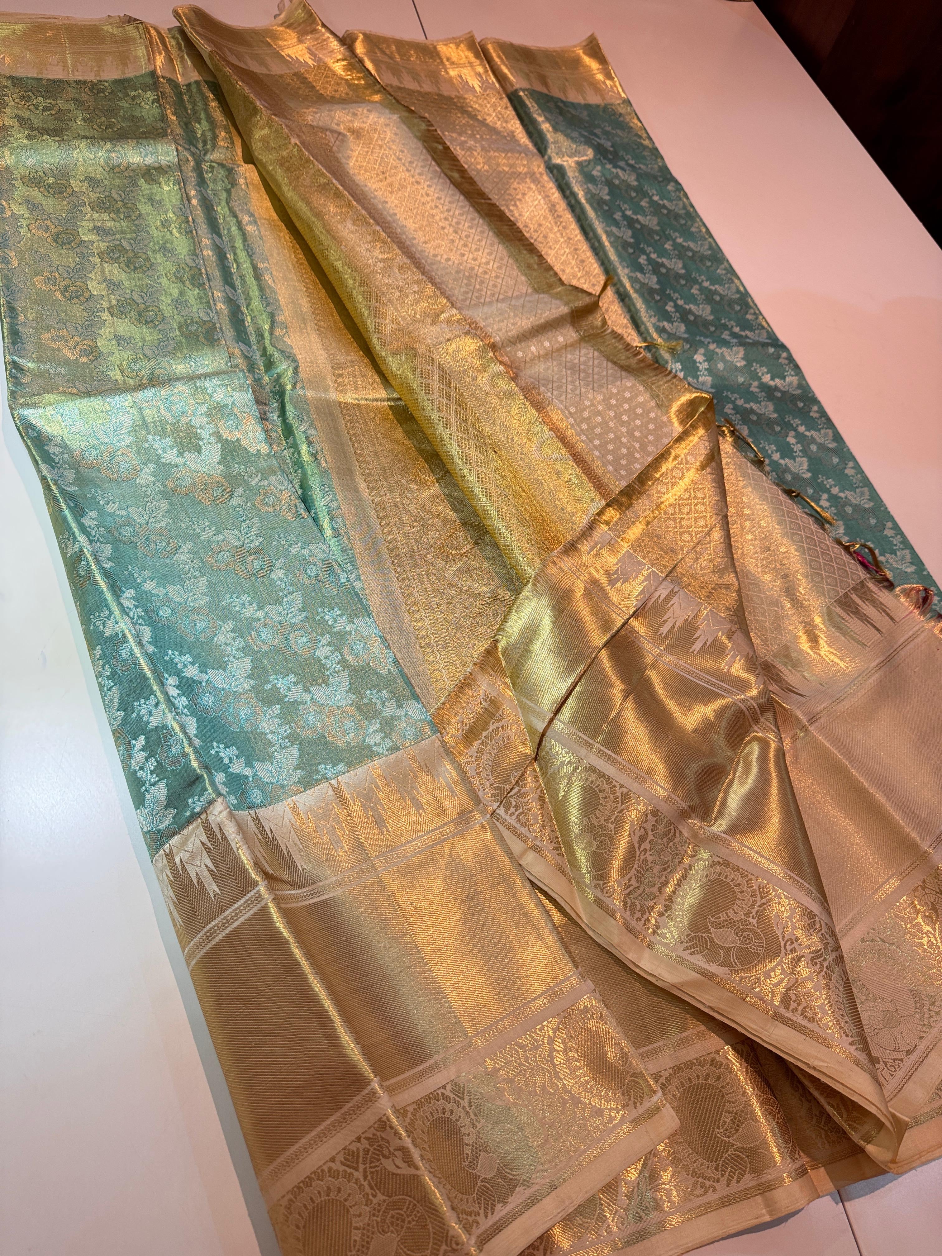 Classic Sea Green & Golden Beige Kanchipuram Handloom Silk Saree SS25858