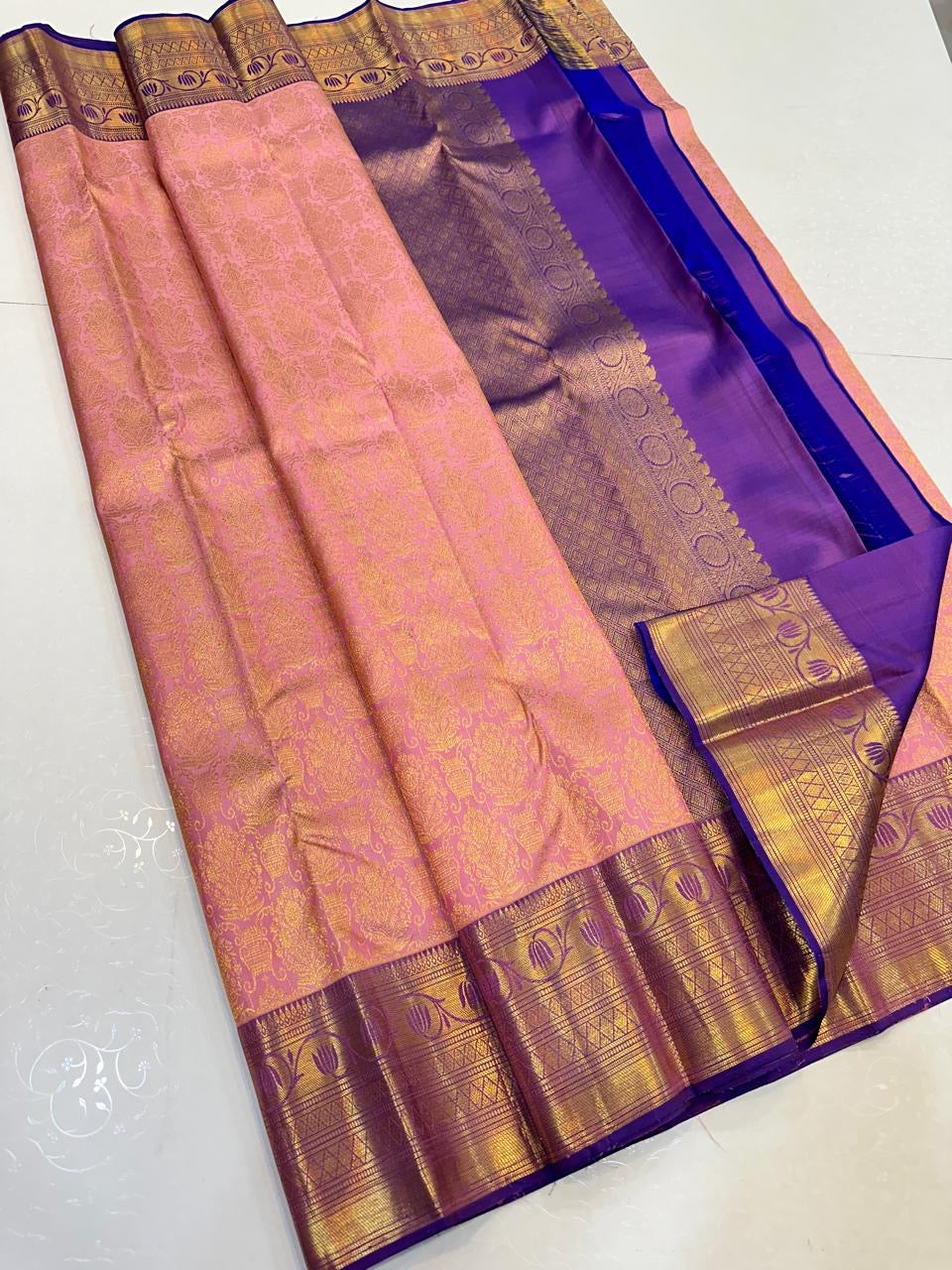 Pastel Pink & Violet Elegance Kanchipuram Handloom Silk Saree SS24702