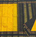 Load image into Gallery viewer, Classic Sunny Yellow &amp; Slate Black 1gm Thread Checks Zari Korvai Elegance Kanchipuram Handloom Silk Saree SS27513
