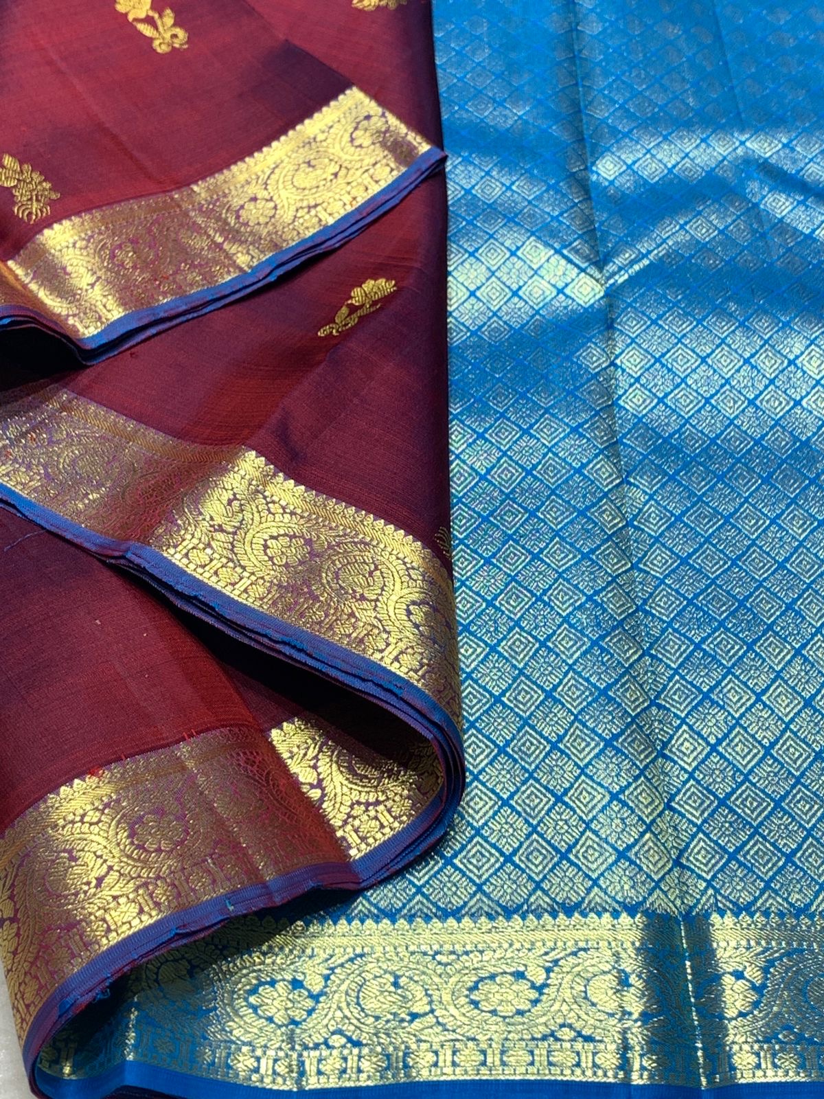 Classic Plum & Azure Blue 2gm Zari Kanchipuram Handloom Silk Saree SS25818