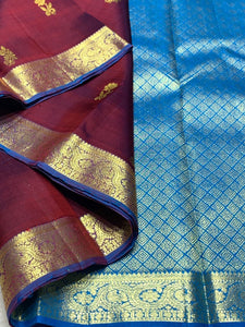 Classic Plum & Azure Blue 2gm Zari Kanchipuram Handloom Silk Saree SS25818