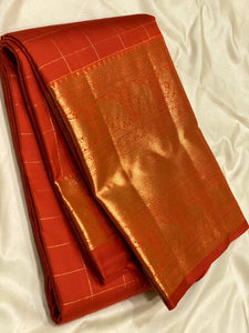 Classic Tangerine Orange 2gm Zari Vaira Oosi Checks Kanchipuram Handloom Silk Saree SS25898