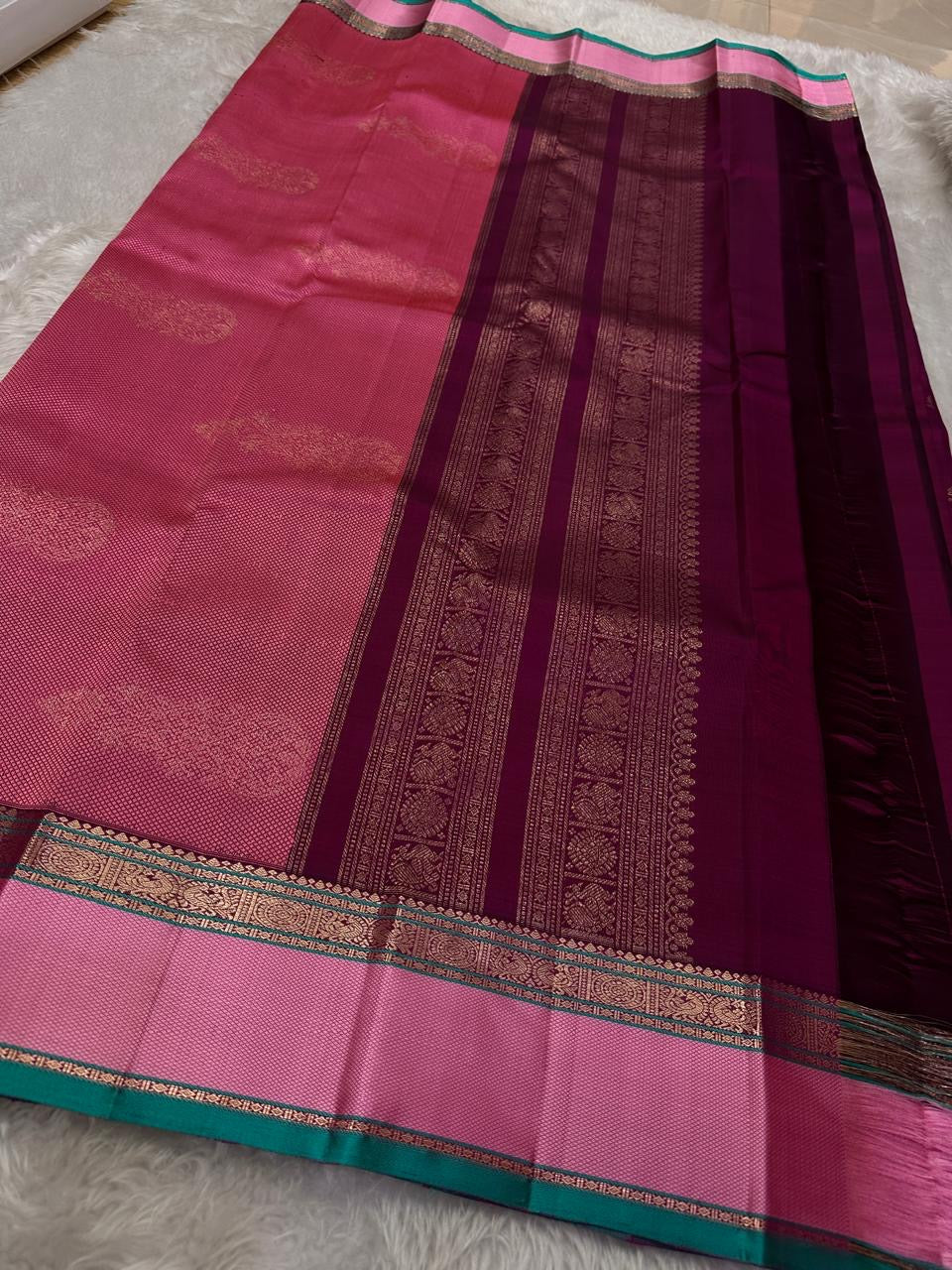 Classic Wine Red & Baby Pink 2gm Zari Elegance Kanchipuram Silk Saree SS23950